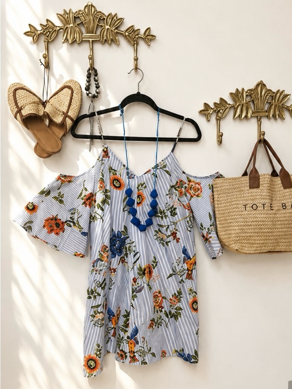 Floral Cold-Shoulder top with Blue Stripes S ptp 18.5” l 33”